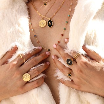 Black agate and zircon snake necklace gilded with 24k fine gold SALOMÉ