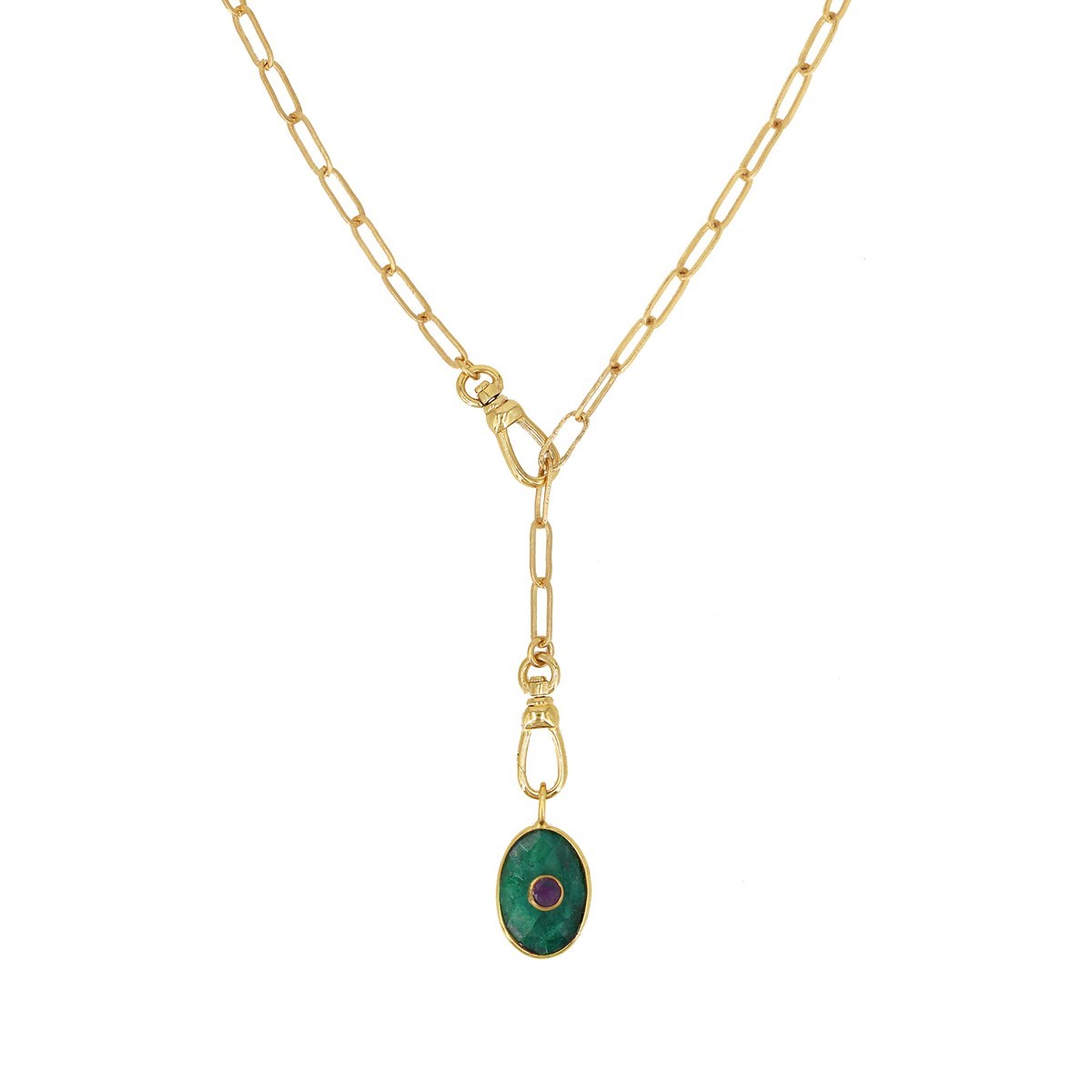 Sautoir oeil quartz émeraude doré à l'or fin 24k DEVA