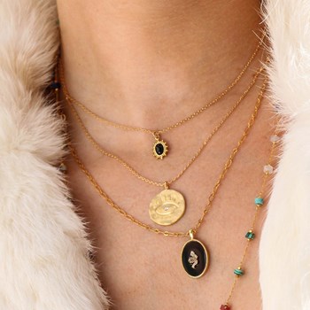 24k gold-plated black agate medal necklace THELMA