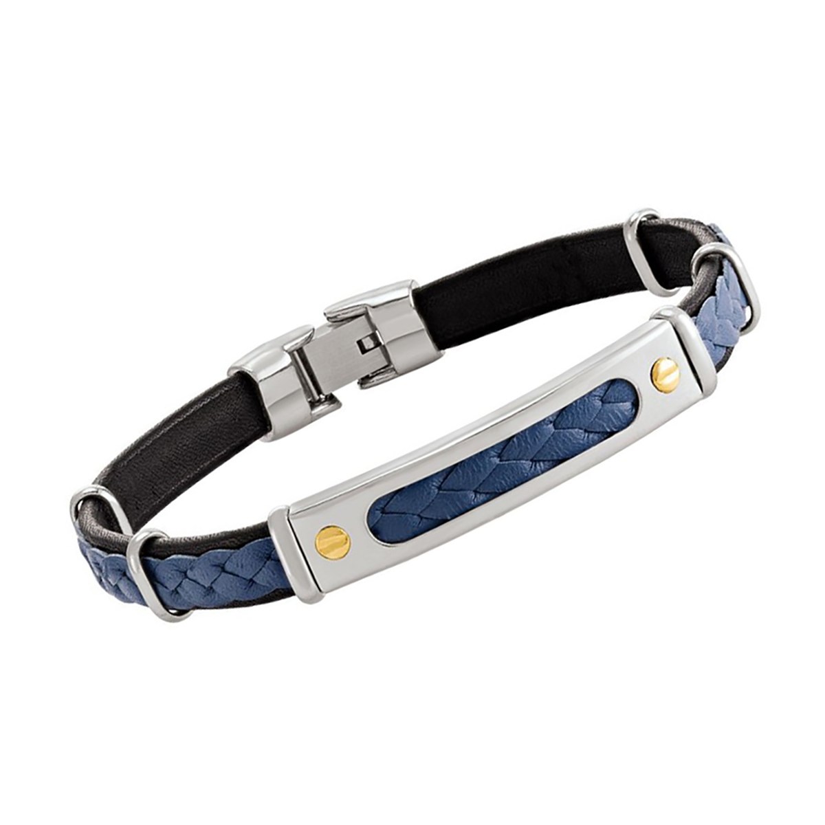 Bracelet homme Jourdan acier cuir bleu tressé vis or_x000D_
collection Damian