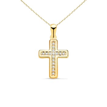 Collier - Médaille Croix Or 18 Carats 750/000 Jaune et Zirconiums - Chaine Dorée