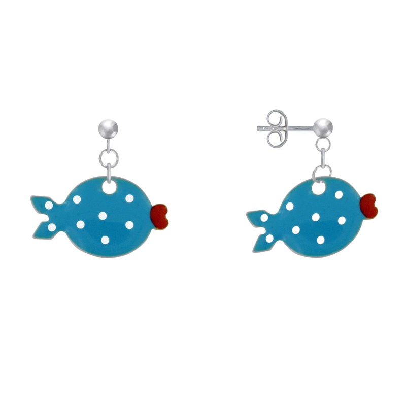 Boucles d'Oreilles Argent 925 Petit Poisson à Pois Emaillée
