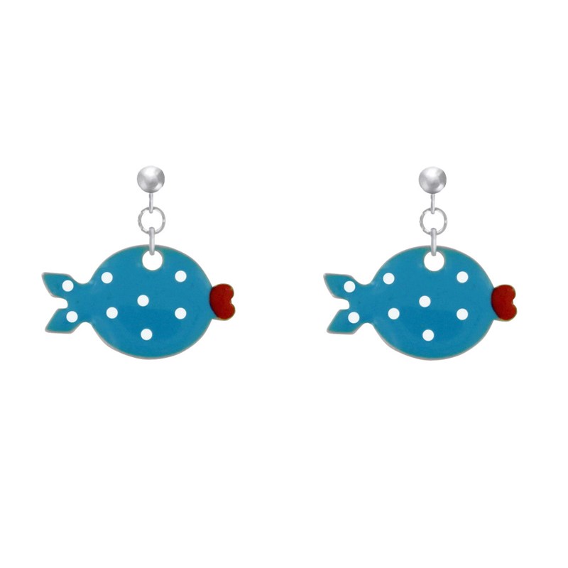 Boucles d'Oreilles Argent 925 Petit Poisson à Pois Emaillée - vue 2