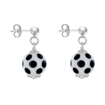 Boucles d'Oreilles Clous Métal Argenté Perles en Céramique à Pois