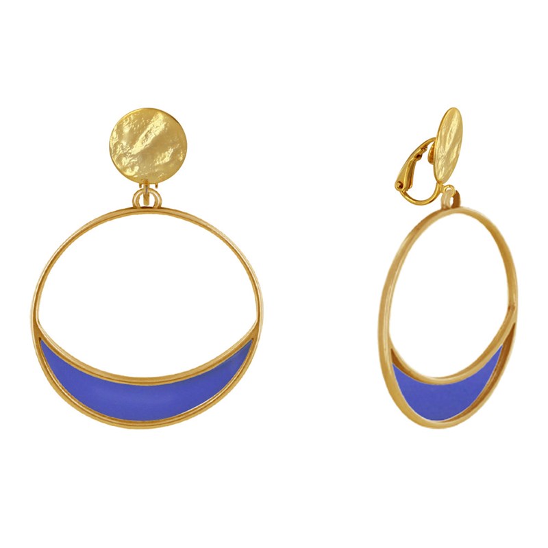 Boucles d'Oreilles Clip Métal Doré Cercle et Croissant de Lune Translucide Coloré