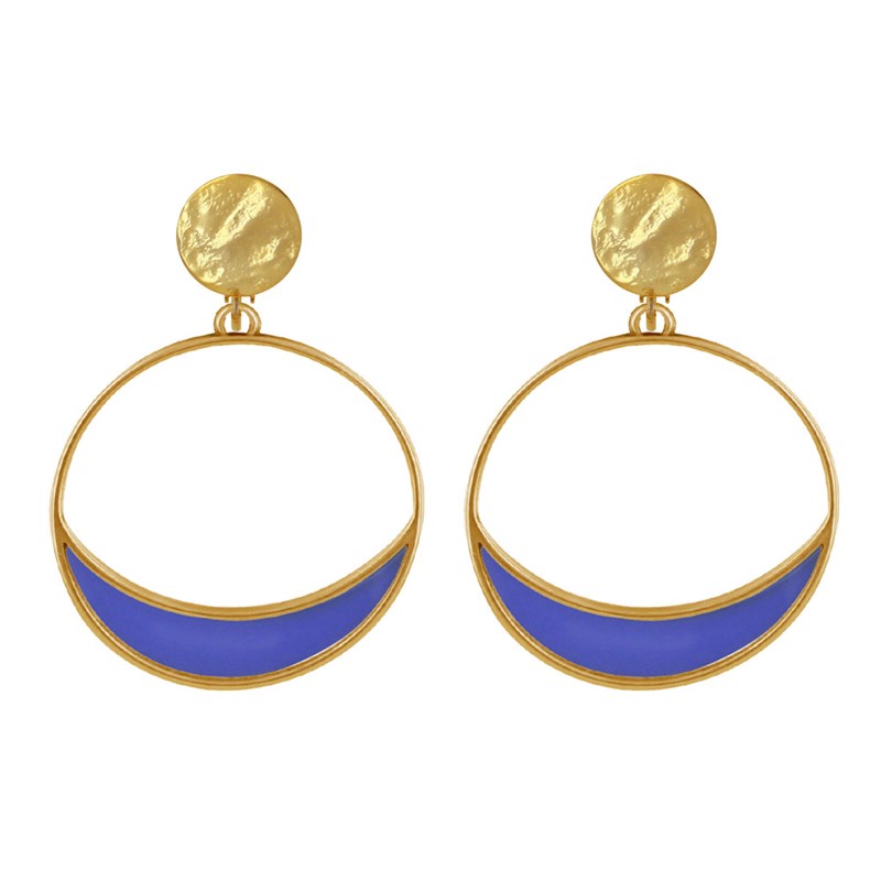 Boucles d'Oreilles Clip Métal Doré Cercle et Croissant de Lune Translucide Coloré - vue 2
