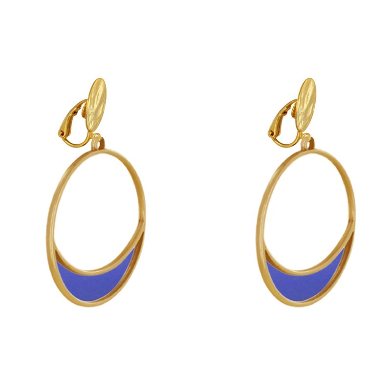 Boucles d'Oreilles Clip Métal Doré Cercle et Croissant de Lune Translucide Coloré - vue 3