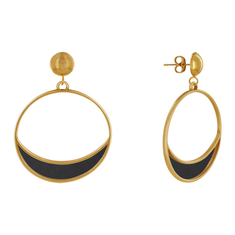Boucles d'Oreilles Clous Métal Doré Cercle et Croissant de Lune Translucide Coloré