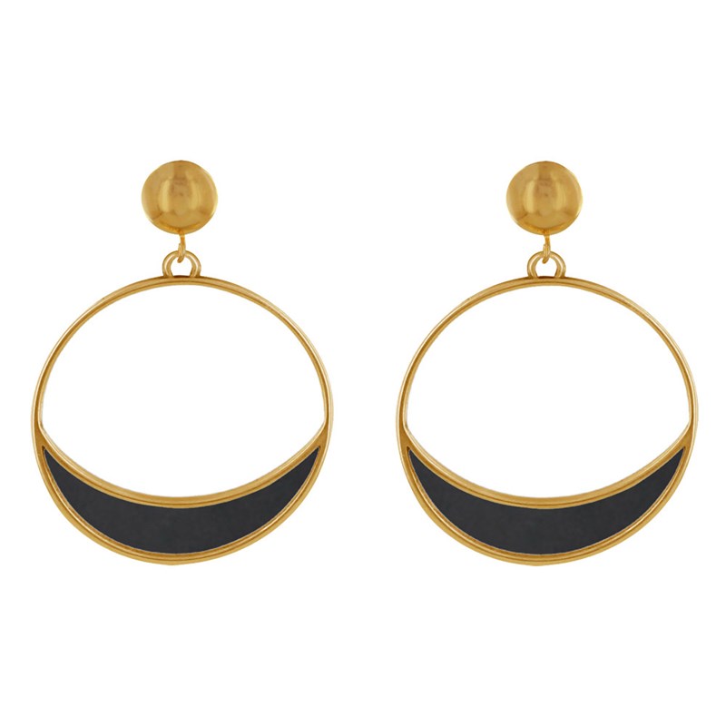 Boucles d'Oreilles Clous Métal Doré Cercle et Croissant de Lune Translucide Coloré - vue 2