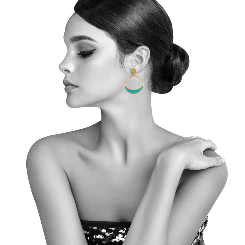 Boucles d'Oreilles Clous Métal Doré Cercle et Croissant de Lune Translucide Coloré - vue 4