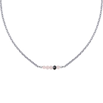 Collier Chaine Argent 925 Rhodié Quatre Perles Facettées de Quartz Rose et Un Diamant Noir Facettée