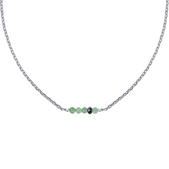 Collier Chaine Argent 925 Rhodié Quatre Perles Facettées d'Aventurine et Un Diamant Noir Facettée