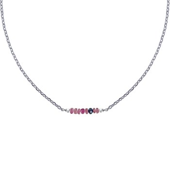 Collier Chaine Argent 925 Rhodié Sept Perles Facettées de Tourmaline Rose et Un Diamant Noir Facettée