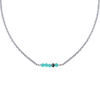 Collier Chaine Argent 925 Rhodié Quatre Perles Facettées d'Amazonite et Un Diamant Noir Facettée