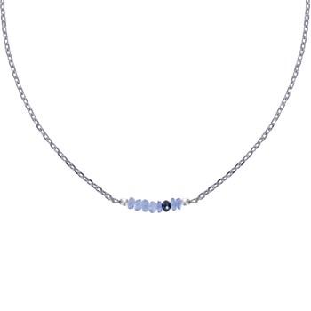 Collier Chaine Argent 925 Rhodié Sept Perles Facettées de Tanzanite et Un Diamant Noir Facettée