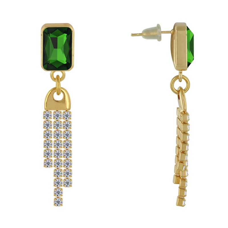 Boucles d'Oreilles Laiton Doré Pendante Rectangle et Trois Liens de Strass