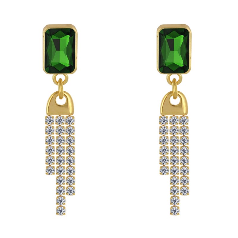 Boucles d'Oreilles Laiton Doré Pendante Rectangle et Trois Liens de Strass - vue 2