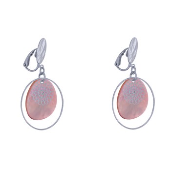 Boucles d'Oreilles Clip Métal Argenté Cercle et Pastille de Nacre