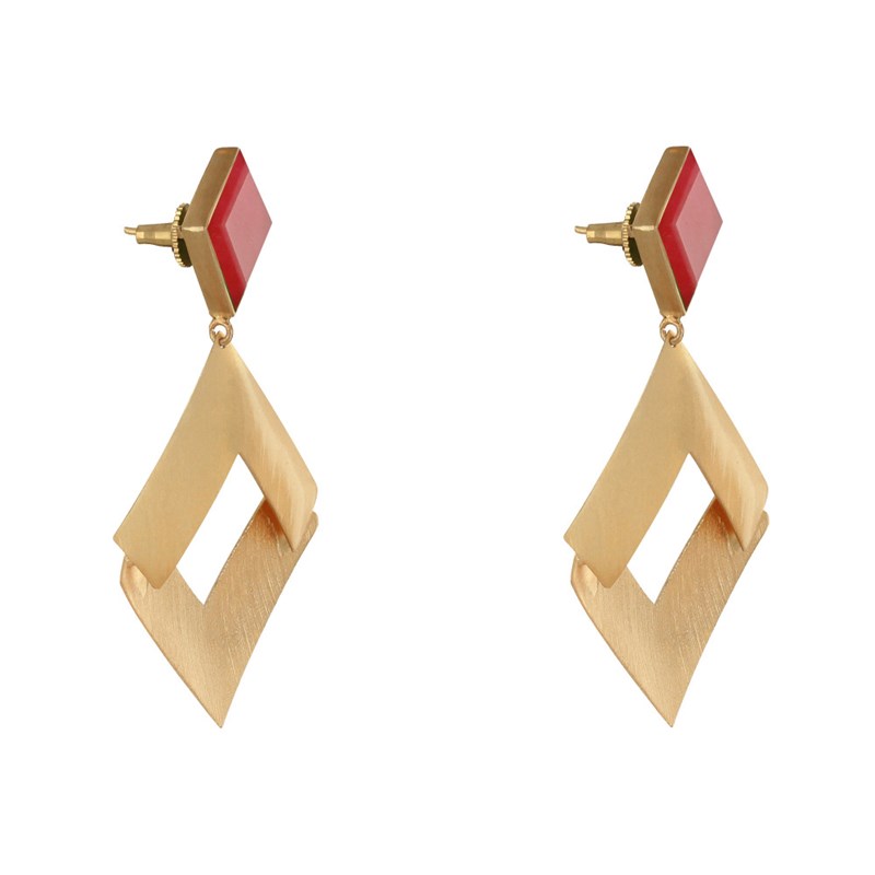 Boucles d'Oreilles Laiton Doré Carrés Lisse Brossé et Coloré - vue 3
