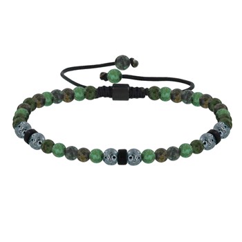 Bracelet Lien Homme Perles Rondes Acier et Turquoise Vertes - taille 18 cm