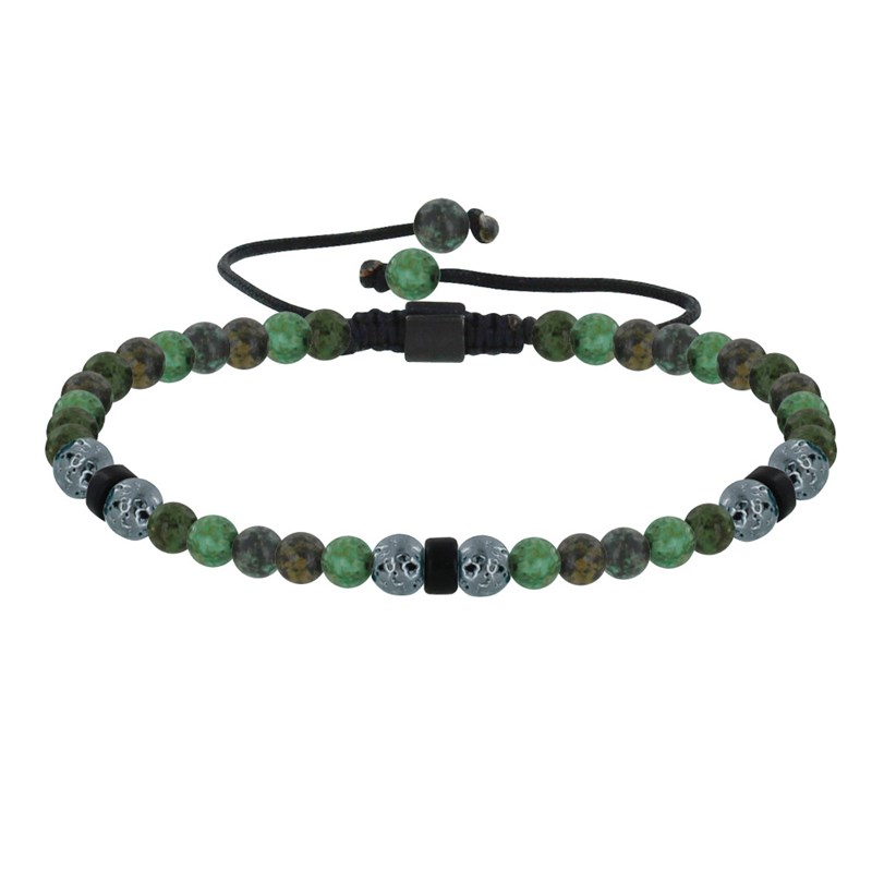 Bracelet Lien Homme Perles Rondes Acier et Turquoise Vertes - taille 18 cm