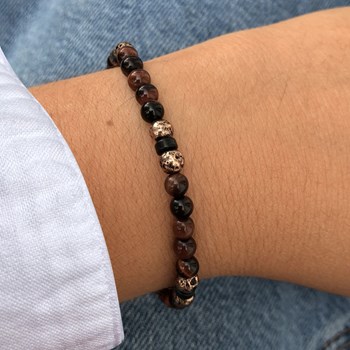 Bracelet Lien Homme Perles Rondes Acier Cuivré et Oeil de Tigre - taille 18 cm