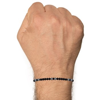 Bracelet Lien Homme Perles Rondes Acier et Onyx Noir - taille 18 cm