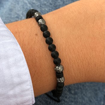 Bracelet Lien Homme Perles Rondes Acier et Onyx Noir - taille 18 cm