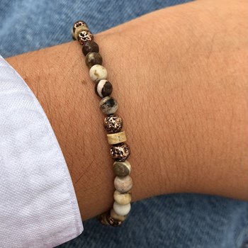 Bracelet Lien Homme Perles Rondes Acier Cuivré et Jaspe - taille 20 cm
