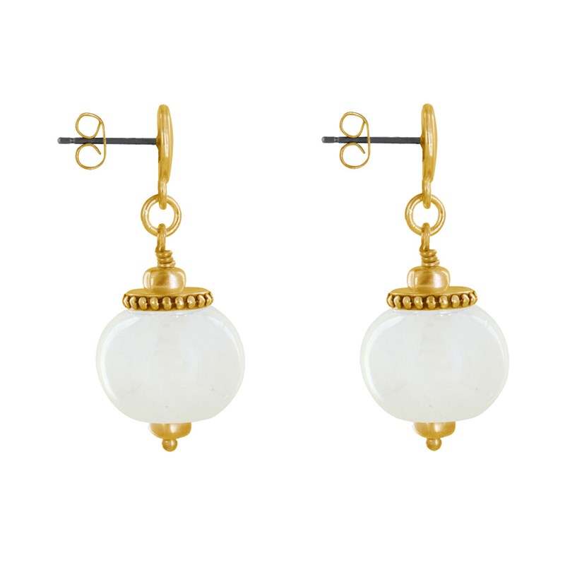Boucles d'Oreilles Clous Métal Doré et Grosses Perles en Céramique - vue 3