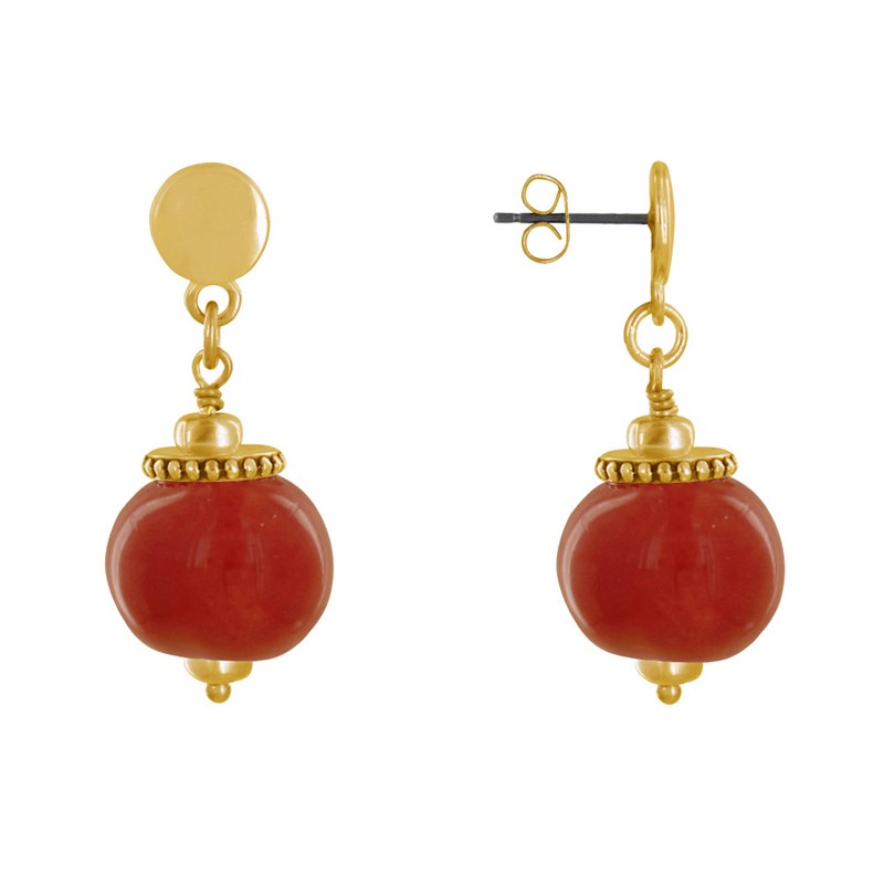 Boucles d'Oreilles Clous Métal Doré et Grosses Perles en Céramique