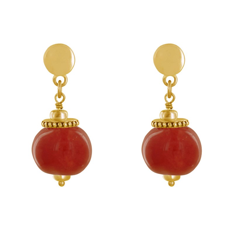 Boucles d'Oreilles Clous Métal Doré et Grosses Perles en Céramique - vue 2