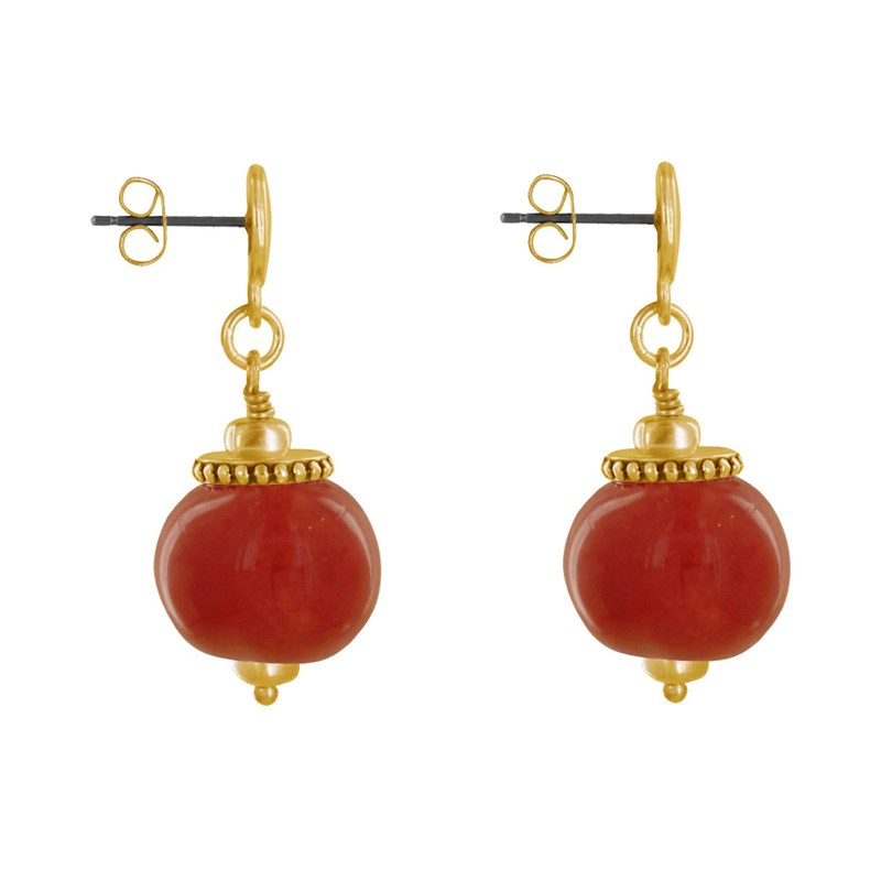 Boucles d'Oreilles Clous Métal Doré et Grosses Perles en Céramique - vue 3