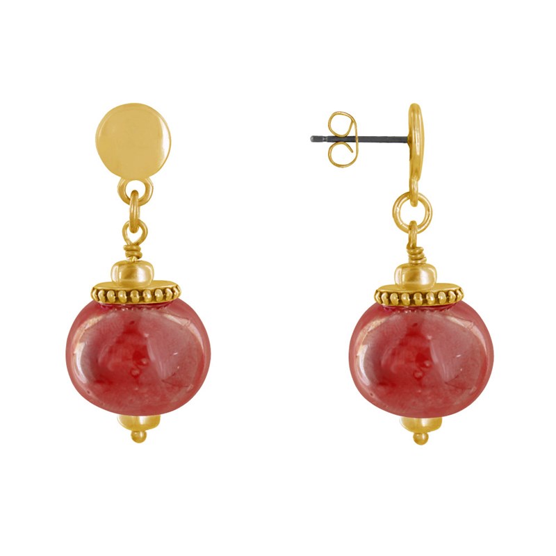 Boucles d'Oreilles Clous Métal Doré et Grosses Perles en Céramique