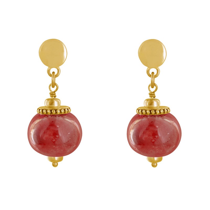 Boucles d'Oreilles Clous Métal Doré et Grosses Perles en Céramique - vue 2