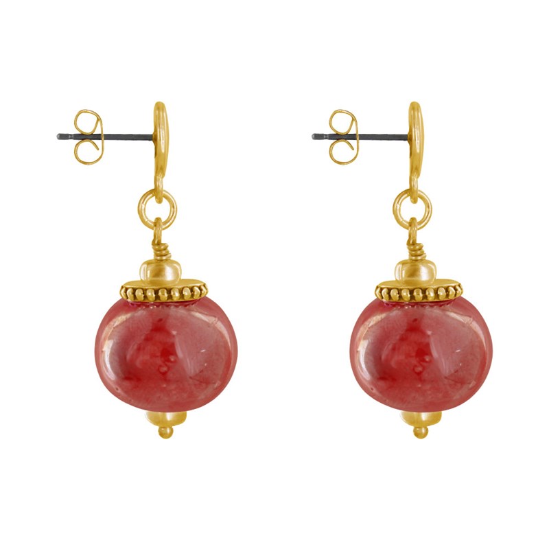 Boucles d'Oreilles Clous Métal Doré et Grosses Perles en Céramique - vue 3