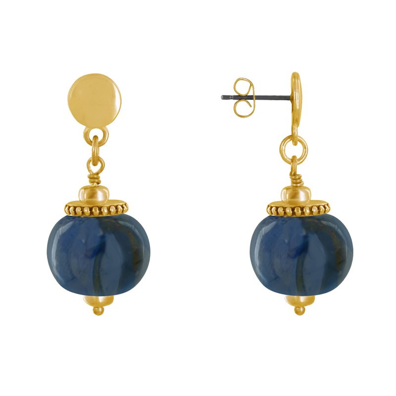 Boucles d'Oreilles Clous Métal Doré et Grosses Perles en Céramique