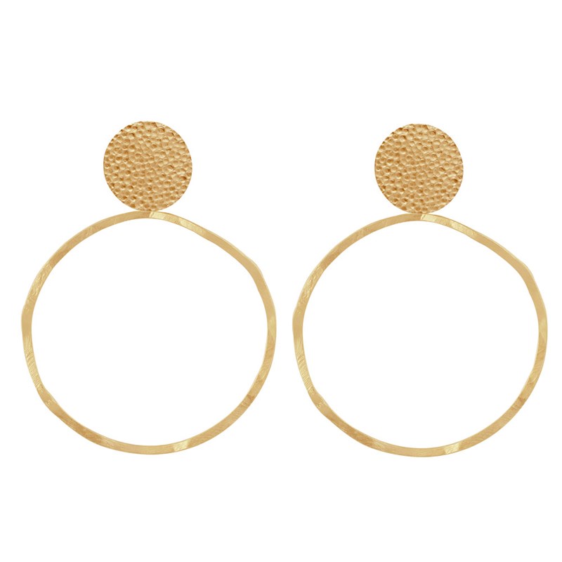 Boucles d'Oreilles Clous Laiton Mat Pastille Martelée et Anneau Vague - vue 2