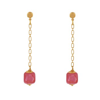 Verguld messing Chainette Oorbellen met Keramische Kubus