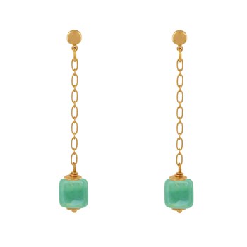 Verguld messing Chainette Oorbellen met Keramische Kubus