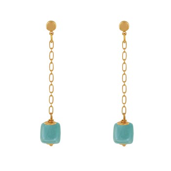 Verguld messing Chainette Oorbellen met Keramische Kubus