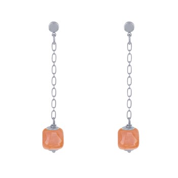 Boucles d'Oreilles Chainette Laiton Argenté et Cube en Céramique