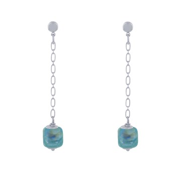 Boucles d'Oreilles Chainette Laiton Argenté et Cube en Céramique