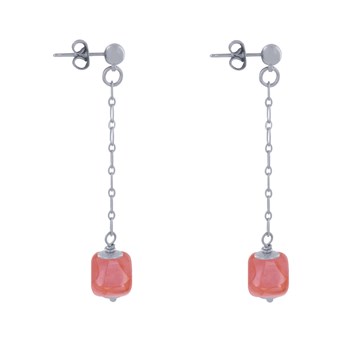 Boucles d'Oreilles Chainette Laiton Argenté et Cube en Céramique