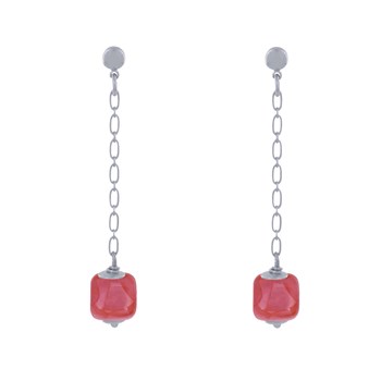 Boucles d'Oreilles Chainette Laiton Argenté et Cube en Céramique