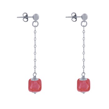 Boucles d'Oreilles Chainette Laiton Argenté et Cube en Céramique