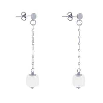 Boucles d'Oreilles Chainette Laiton Argenté et Cube en Céramique