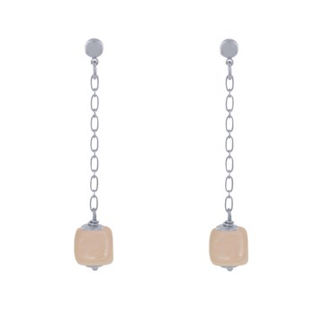 Boucles d'Oreilles Chainette Laiton Argenté et Cube en Céramique