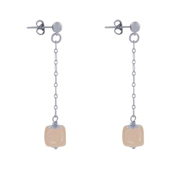 Boucles d'Oreilles Chainette Laiton Argenté et Cube en Céramique