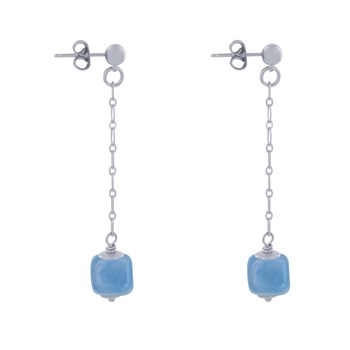 Boucles d'Oreilles Chainette Laiton Argenté et Cube en Céramique